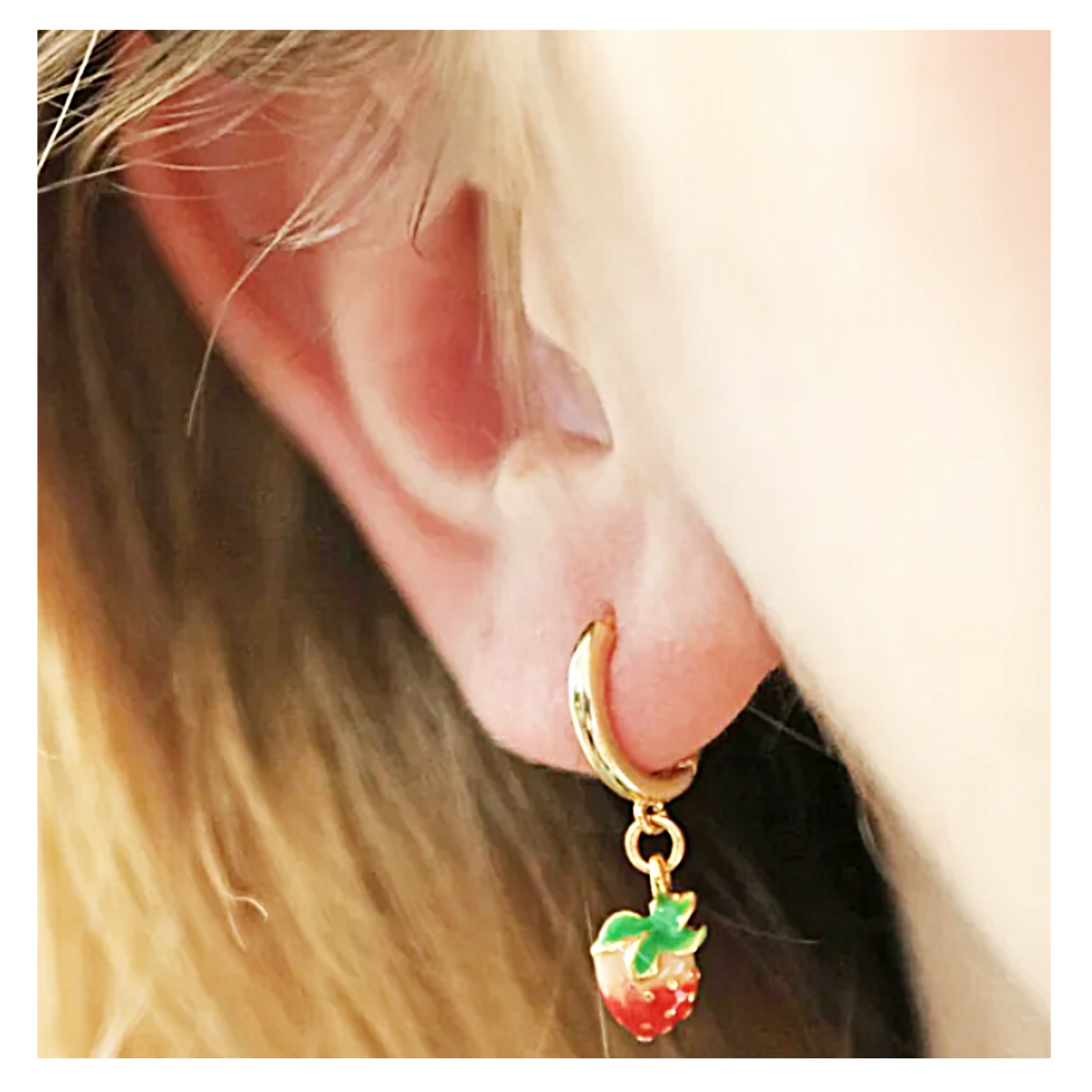 Enamel Strawberry Huggie Hoop Earrings in Gold