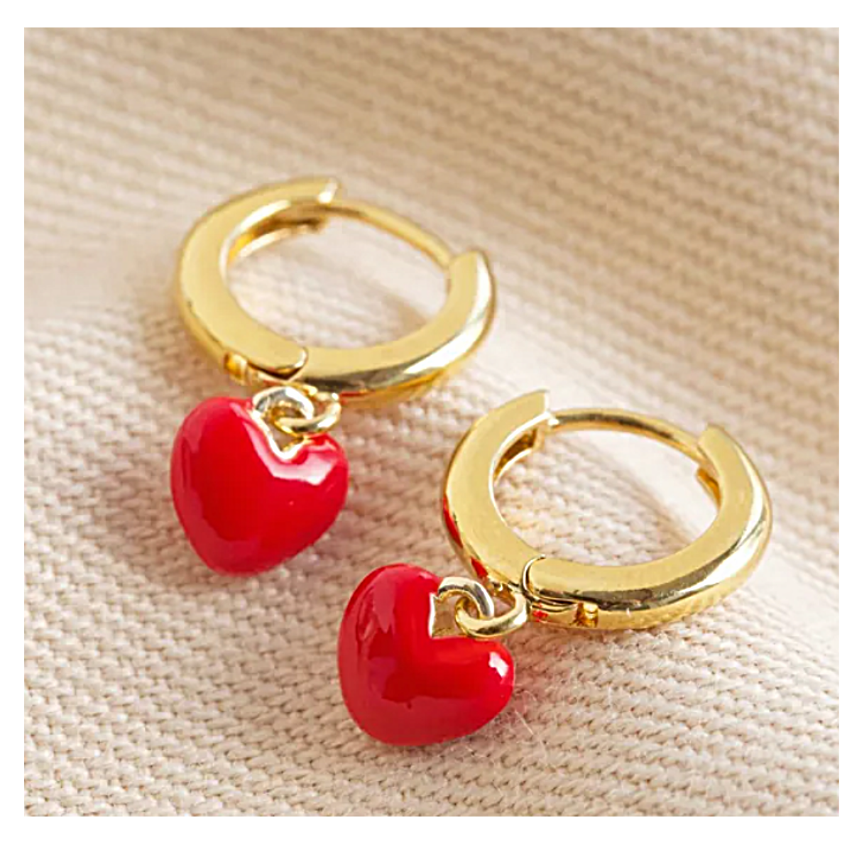 Red Enamel Heart Charm Huggie Hoop Earrings