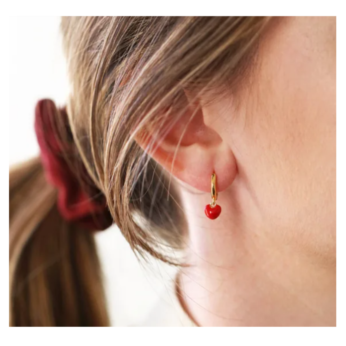 Red Enamel Heart Charm Huggie Hoop Earrings